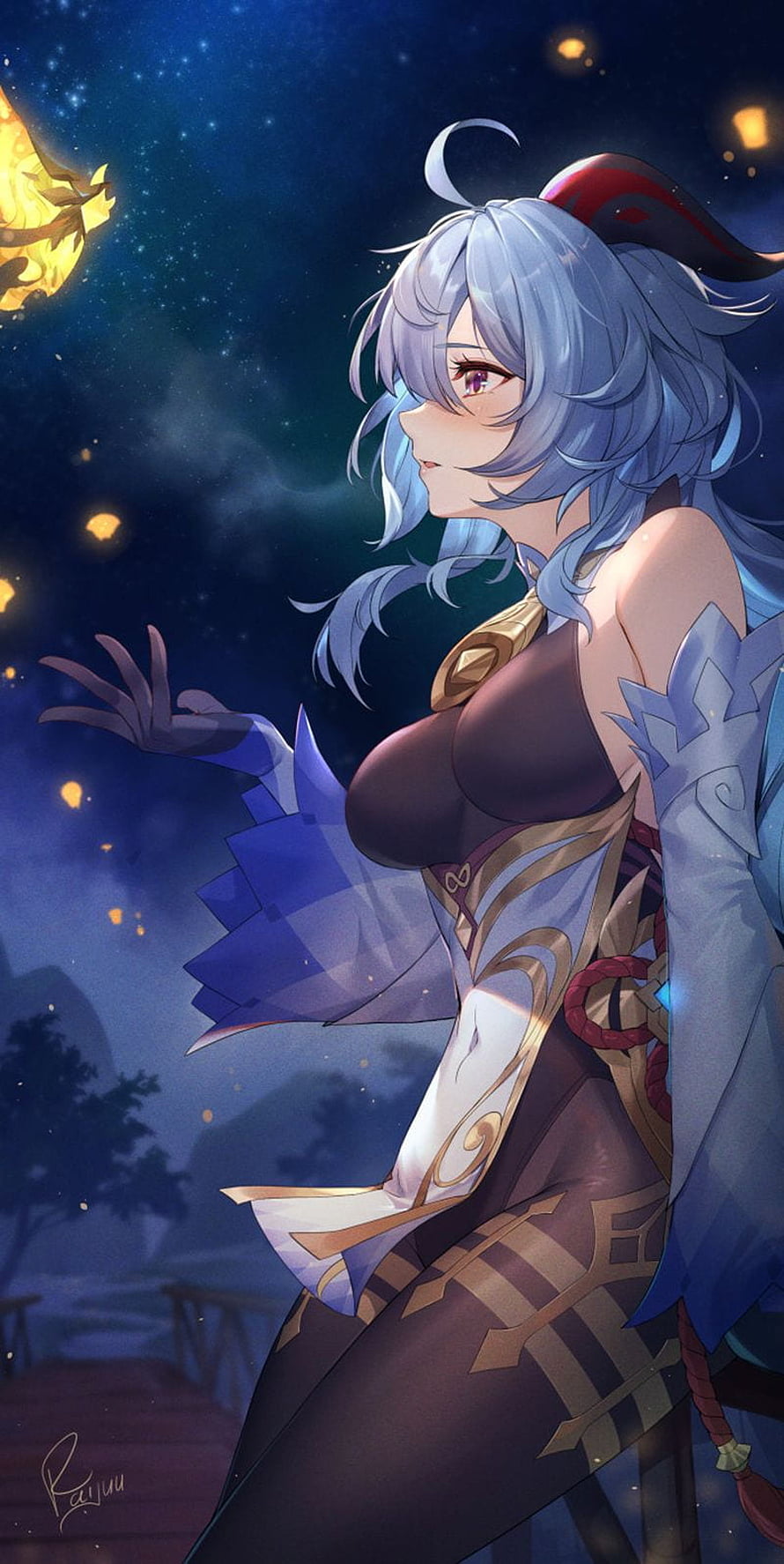 Ganyu from Genshin Impact in a starlit night scene with glowing lanterns and flowing blue hair HD phone wallpaper