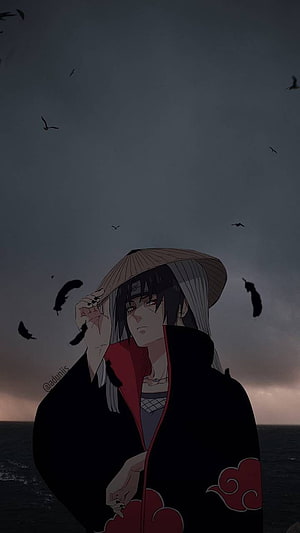 Itachi Uchiha in Akatsuki Cloak and Straw Hat Under a Dark Stormy Sky HD phone wallpaper