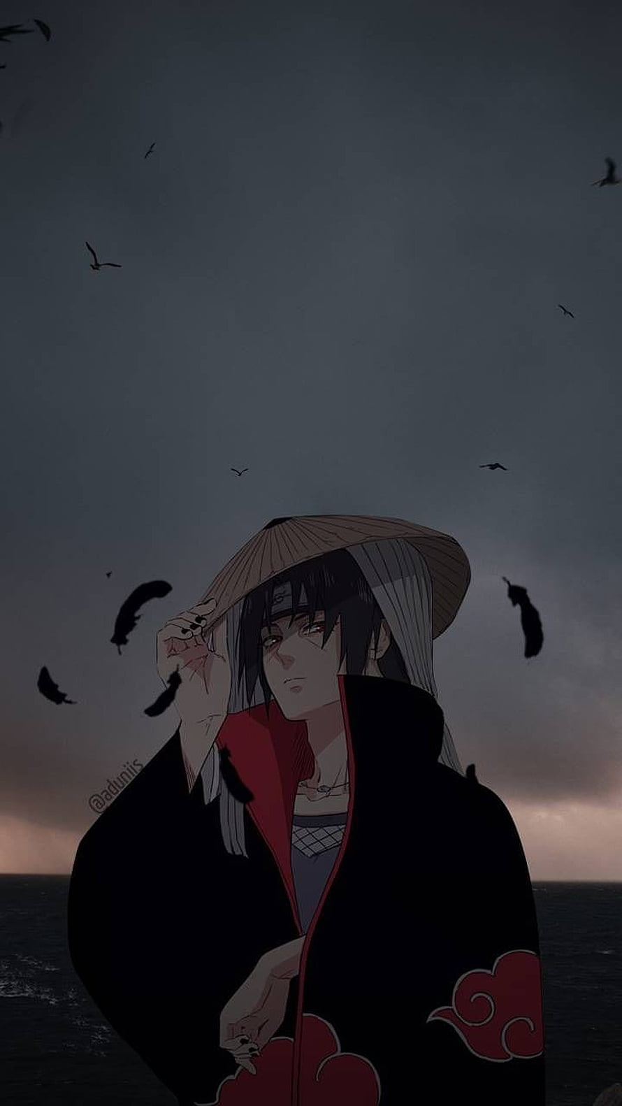 Itachi Uchiha in Akatsuki Cloak and Straw Hat Under a Dark Stormy Sky HD phone wallpaper