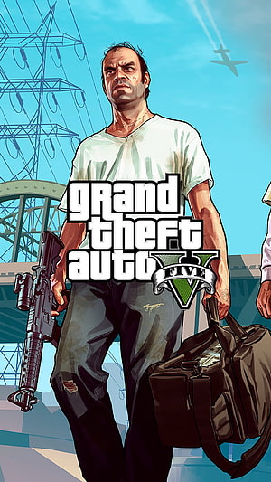 Grand Theft Auto V Michael De Santa Box Art with Rifle and Duffel Bag HD phone wallpaper