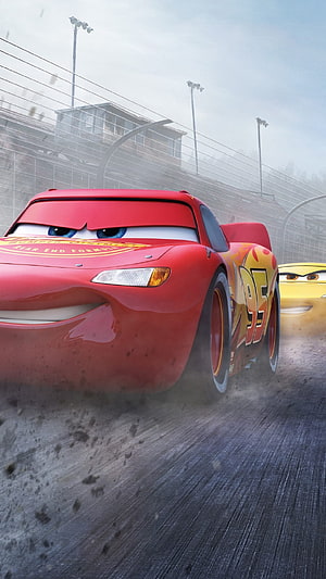 Lightning McQueen Racing on a Rainy Track in Cars 3 HD phone wallpaper