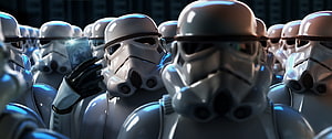 Star Wars Stormtrooper Squad in Formation with Holographic Display HD wallpaper