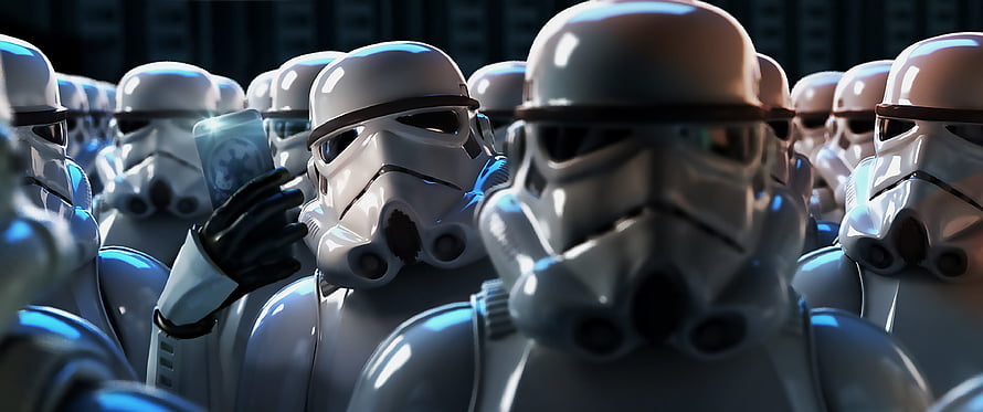 Star Wars Stormtrooper Squad in Formation with Holographic Display HD wallpaper