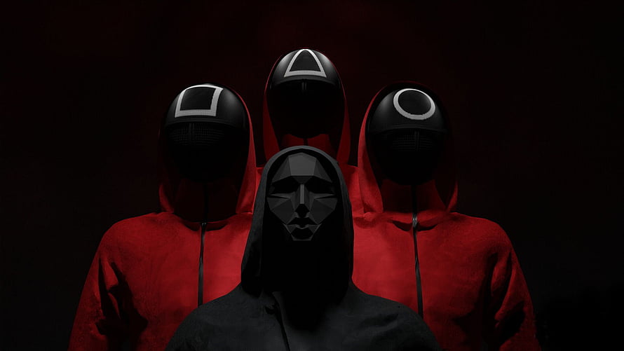 Squid Game Front Man and Guards in Red Hoodies with Geometric Masks HD wallpaper