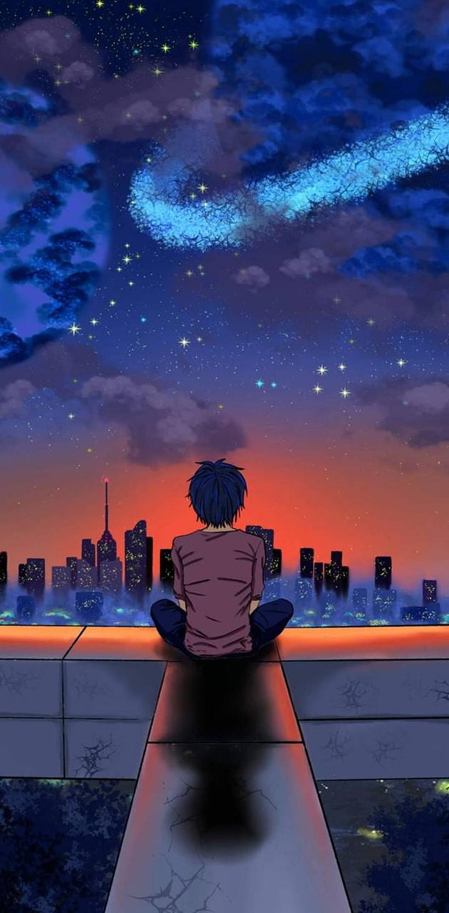 Anime Character Sitting Alone on Rooftop Watching Starry Night Sky Over City HD phone wallpaper