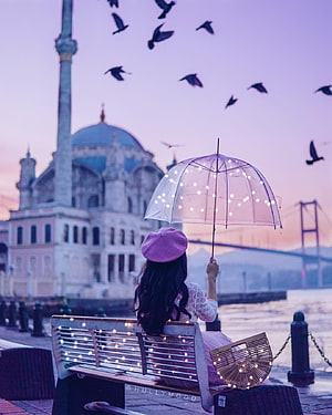 Woman with Fairy Light Umbrella on Bench at Istanbul Waterfront at Dusk, Profile for girls ...pinterest, dp instagram HD phone wallpaper