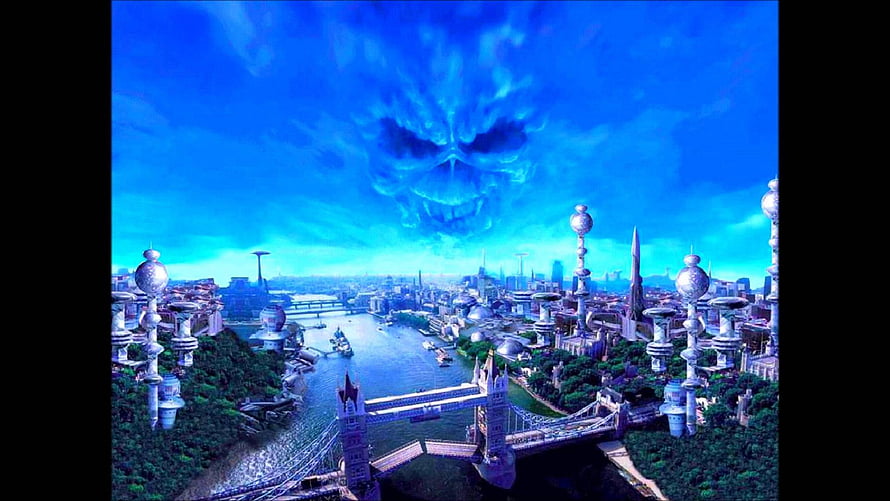 Iron Maiden Brave New World Album Artwork with Skull and Futuristic City HD wallpaper