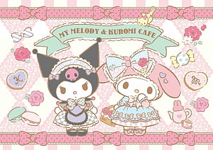 My Melody and Kuromi in a Cute Cafe Setting with Pastel Decorations and Treats HD wallpaper