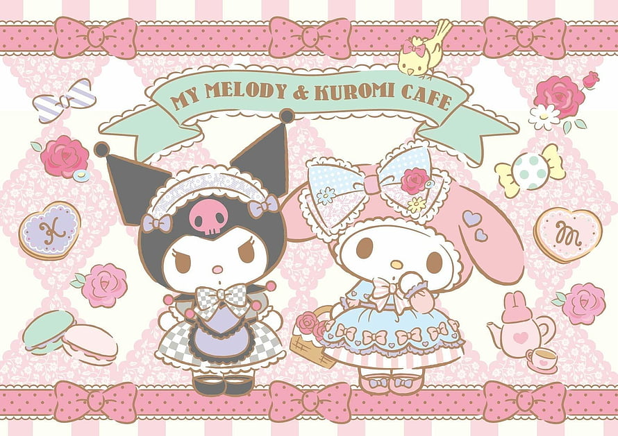 My Melody and Kuromi in a Cute Cafe Setting with Pastel Decorations and Treats HD wallpaper
