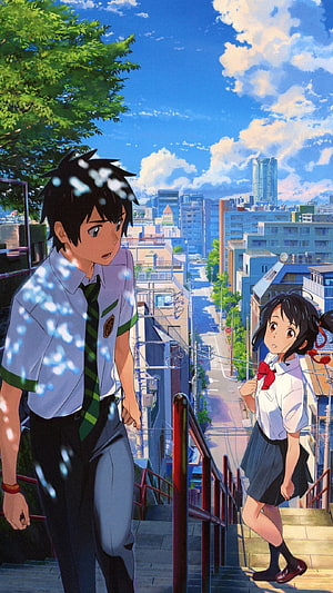 Your Name Anime Taki and Mitsuha on Staircase with City Skyline HD phone wallpaper