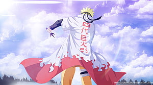 Naruto Uzumaki in Hokage Robe Standing Against a Bright Cloudy Sky HD wallpaper
