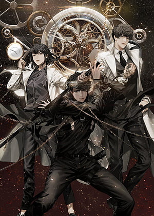 Omniscient Reader's Viewpoint anime illustration featuring three male characters in formal attire with steampunk clockwork background HD phone wallpaper