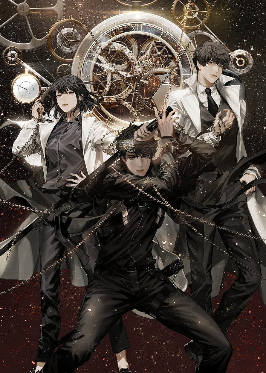 Omniscient Reader's Viewpoint anime illustration featuring three male characters in formal attire with steampunk clockwork background HD phone wallpaper