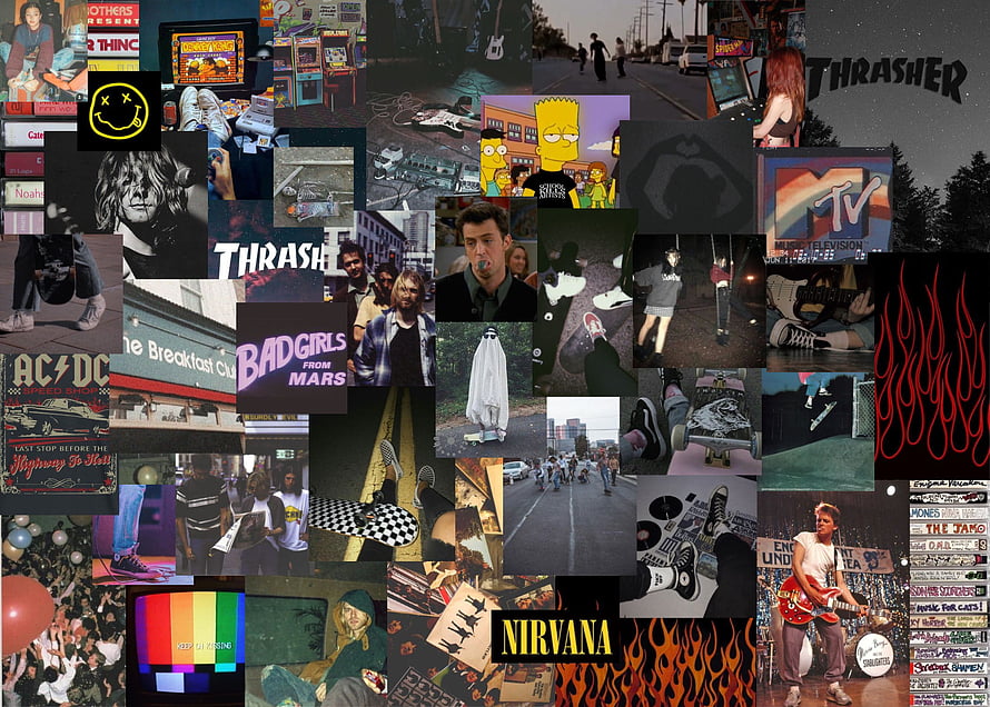90s Alternative Rock and Skateboarding Aesthetic Collage Wallpaper HD wallpaper
