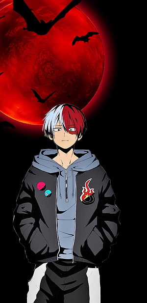 Shoto Todoroki Anime Character Standing Before a Blood Red Moon with Bats HD phone wallpaper