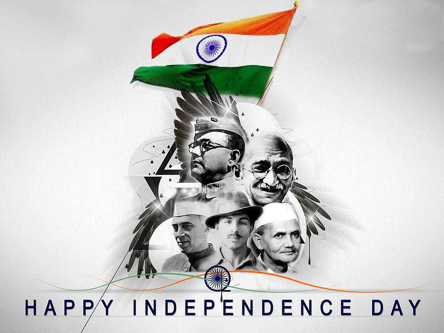 Indian Independence Day Tribute Featuring National Leaders and Flag HD wallpaper