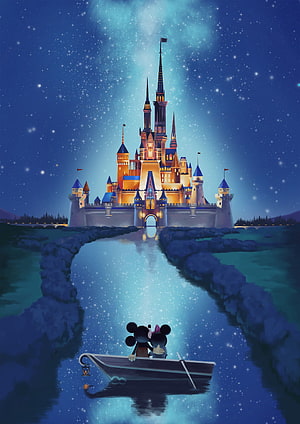 Mickey and Minnie Mouse in a Boat Before a Glowing Disney Castle Under a Starry Night Sky HD phone wallpaper