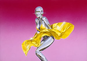 Hajime Sorayama Sexy Robot Woman in Yellow Dress on Pink Background HD wallpaper