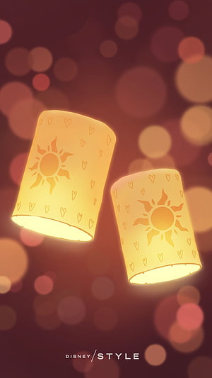 Tangled Disney Style Floating Lanterns with Sun and Heart Motifs HD phone wallpaper