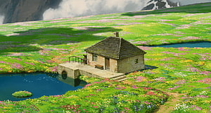 Howl's Moving Castle Cottage in a Vibrant Alpine Meadow HD wallpaper