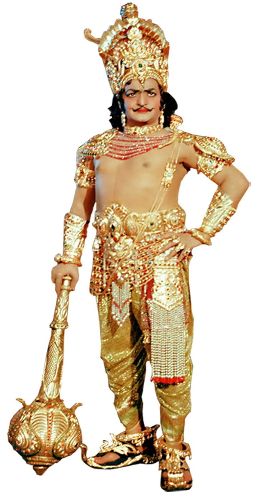 NTR as Lord Krishna in ornate golden costume with mace and crown HD phone wallpaper