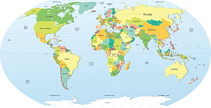 Colorful Political World Map with Country Borders and Ocean Labels HD wallpaper
