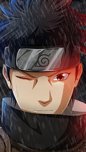 Shisui Uchiha Anime Portrait in Rain with Sharingan Eye and Konoha Headband HD phone wallpaper
