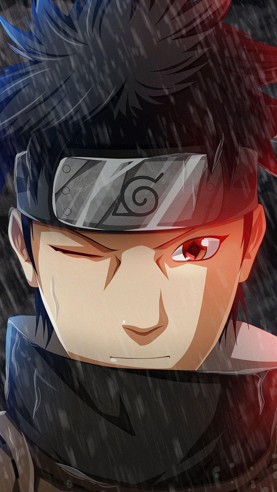 Shisui Uchiha Anime Portrait in Rain with Sharingan Eye and Konoha Headband HD phone wallpaper