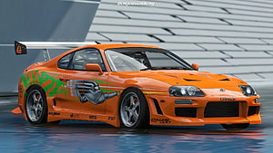 Orange Modified Toyota Supra MK4 Widebody with Green Graphics and Large Rear Wing HD wallpaper