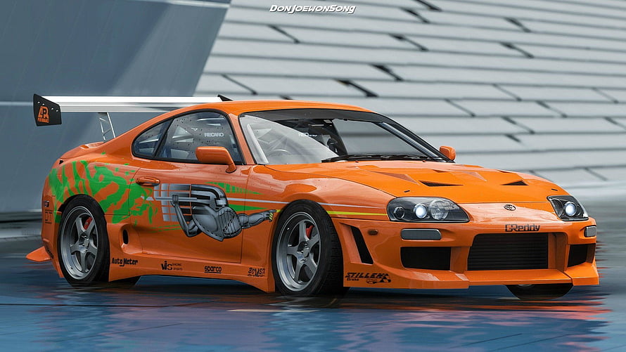 Orange Modified Toyota Supra MK4 Widebody with Green Graphics and Large Rear Wing HD wallpaper