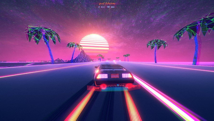 Retro Synthwave Highway Scene With Neon Car, Wireframe Palms, and Glowing Sunset HD wallpaper