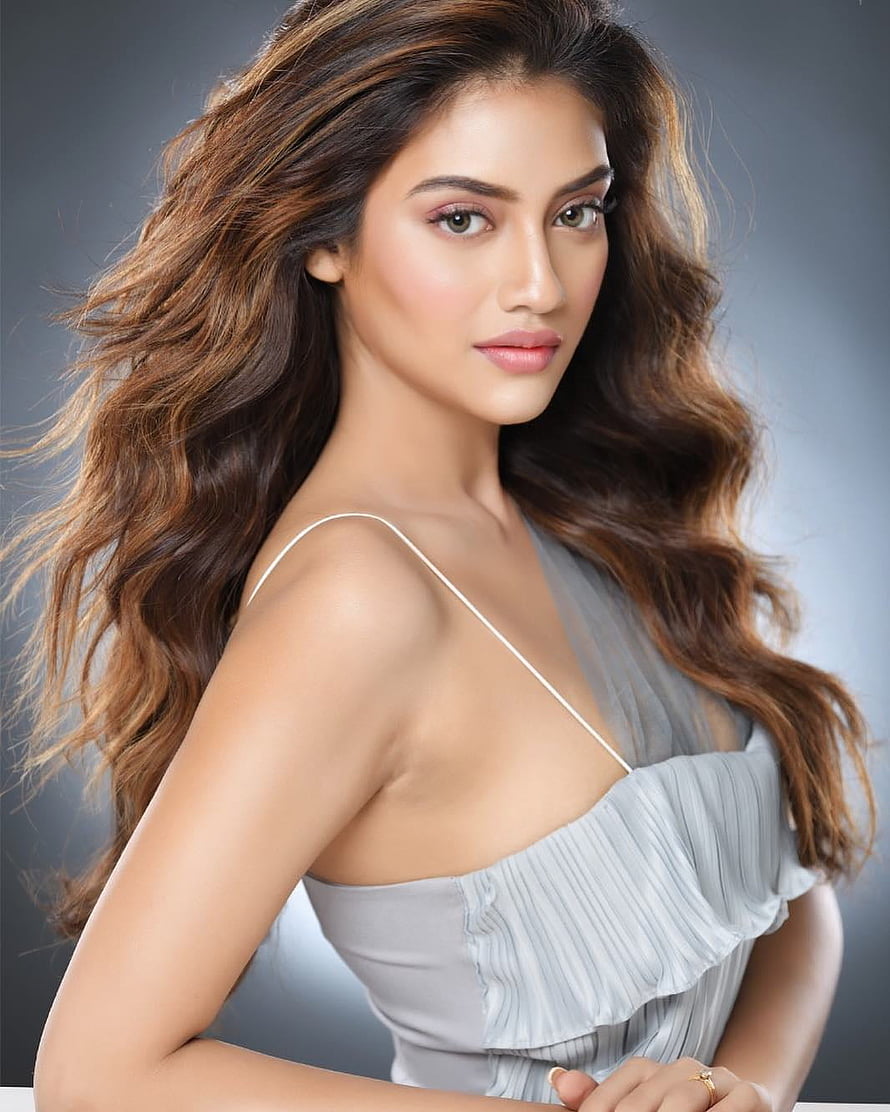 Nusrat Jahan Studio Portrait in Grey Ruffled Dress with Flowing Hair HD phone wallpaper