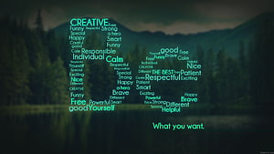 Inspirational Word Cloud Over Serene Mountain Lake and Forest Landscape HD wallpaper