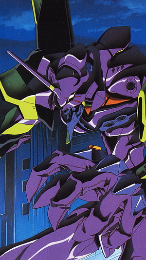 EVA Unit-01 in Purple and Green Crouching in Neon Genesis Evangelion Anime Style HD phone wallpaper