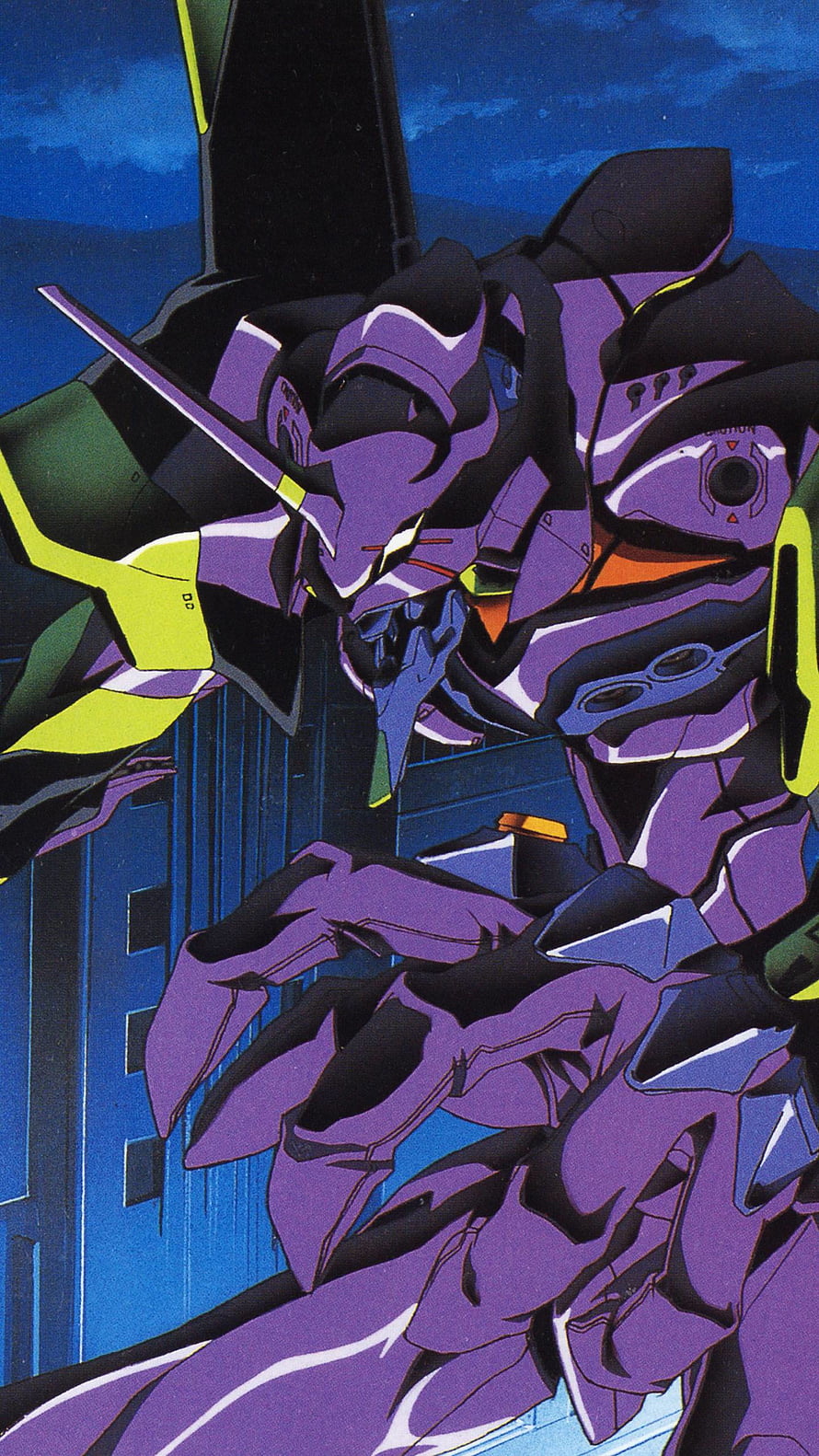 EVA Unit-01 in Purple and Green Crouching in Neon Genesis Evangelion Anime Style HD phone wallpaper