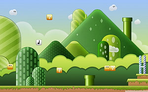 Super Mario Bros Green Hills Level with Question Blocks and Pipes HD wallpaper