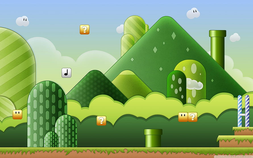 Super Mario Bros Green Hills Level with Question Blocks and Pipes HD wallpaper