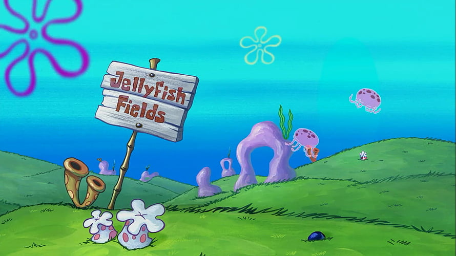 SpongeBob SquarePants Jellyfish Fields Landscape with Sign and Purple Jellyfish HD wallpaper