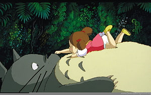 My Neighbor Totoro Satsuki Lying on Totoro in Lush Forest Scene HD wallpaper