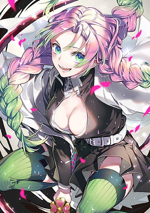 Mitsuri Kanroji from Demon Slayer in a dynamic anime pose with pink and green braided hair HD phone wallpaper