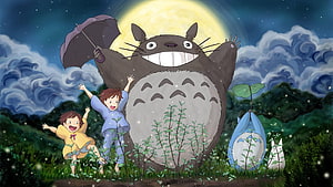 My Neighbor Totoro Night Scene with Satsuki and Mei Under a Full Moon HD wallpaper