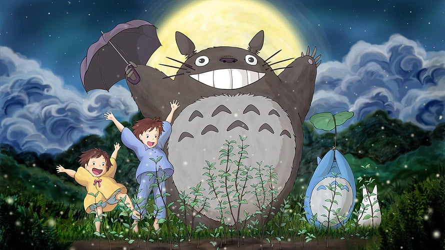My Neighbor Totoro Night Scene with Satsuki and Mei Under a Full Moon HD wallpaper