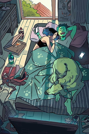 Raven Gabriel Picolo Illustration of a Messy Bedroom with Sleeping Characters and a Dog HD phone wallpaper