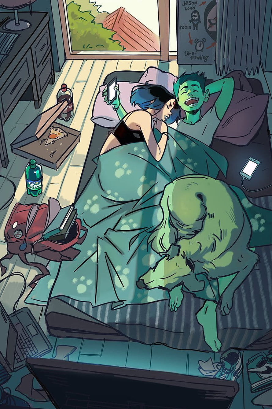 Raven Gabriel Picolo Illustration of a Messy Bedroom with Sleeping Characters and a Dog HD phone wallpaper