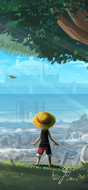 One Piece Luffy Standing in Ruined City with Straw Hat and Distant Castle HD phone wallpaper
