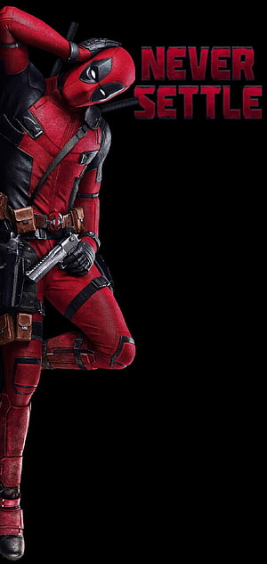 Deadpool in Red Suit Holding Pistol with Never Settle Text on Black Background HD phone wallpaper