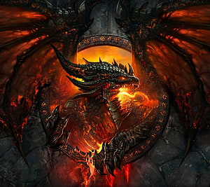 Fiery Dragon Breathing Flames in Dark Fantasy Setting with Ancient Runes HD wallpaper