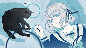 Tuyu Anime Girl in Sailor Uniform Reaching Toward a Black Cat in Watercolor Style HD wallpaper
