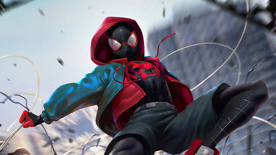 Miles Morales Spider-Man in Action with Red Hoodie and Web Swings HD wallpaper