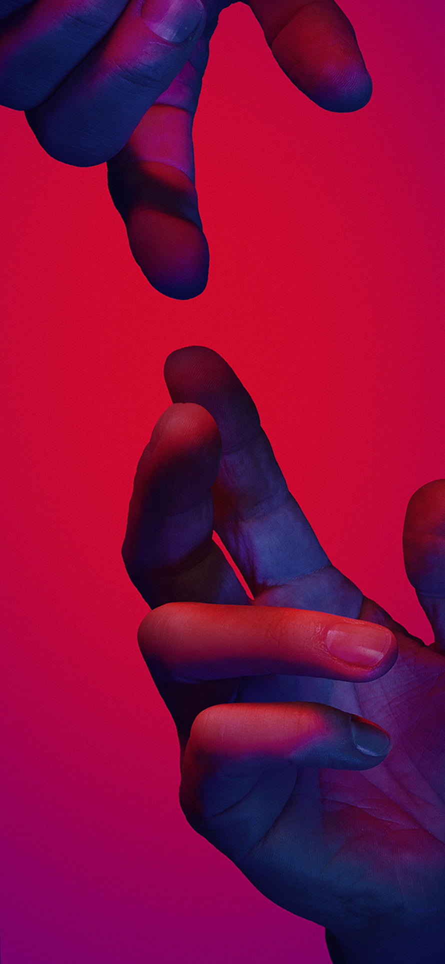 Two Hands Reaching Toward Each Other in Neon Red and Blue Light HD phone wallpaper